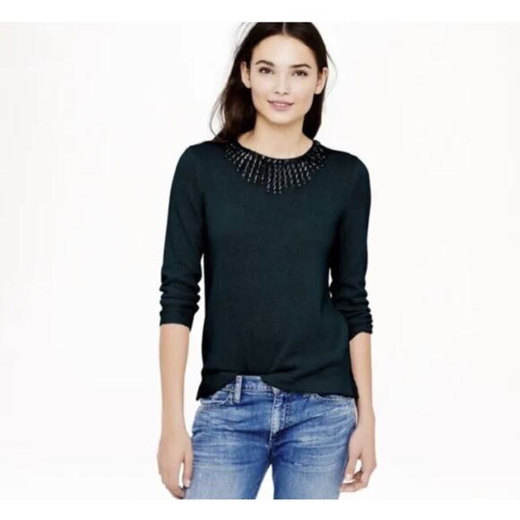 J.Crew Jeweled Starburst Sweater Green Soft Wool Blend Rhinestone Sz M 3/4 Slv - Picture 1 of 5